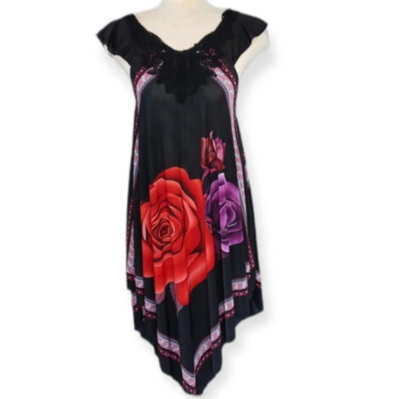 Handkerchief Dress Size L Black Floral deco - Picture 1 of 8